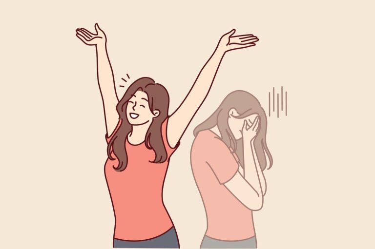 Illustration of a woman transitioning from sadness to joy, symbolising overcoming menopause-related mood swings.