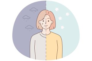 Illustration of a woman divided into two moods: cloudy sadness and sunny happiness, representing menopause-related emotional changes.